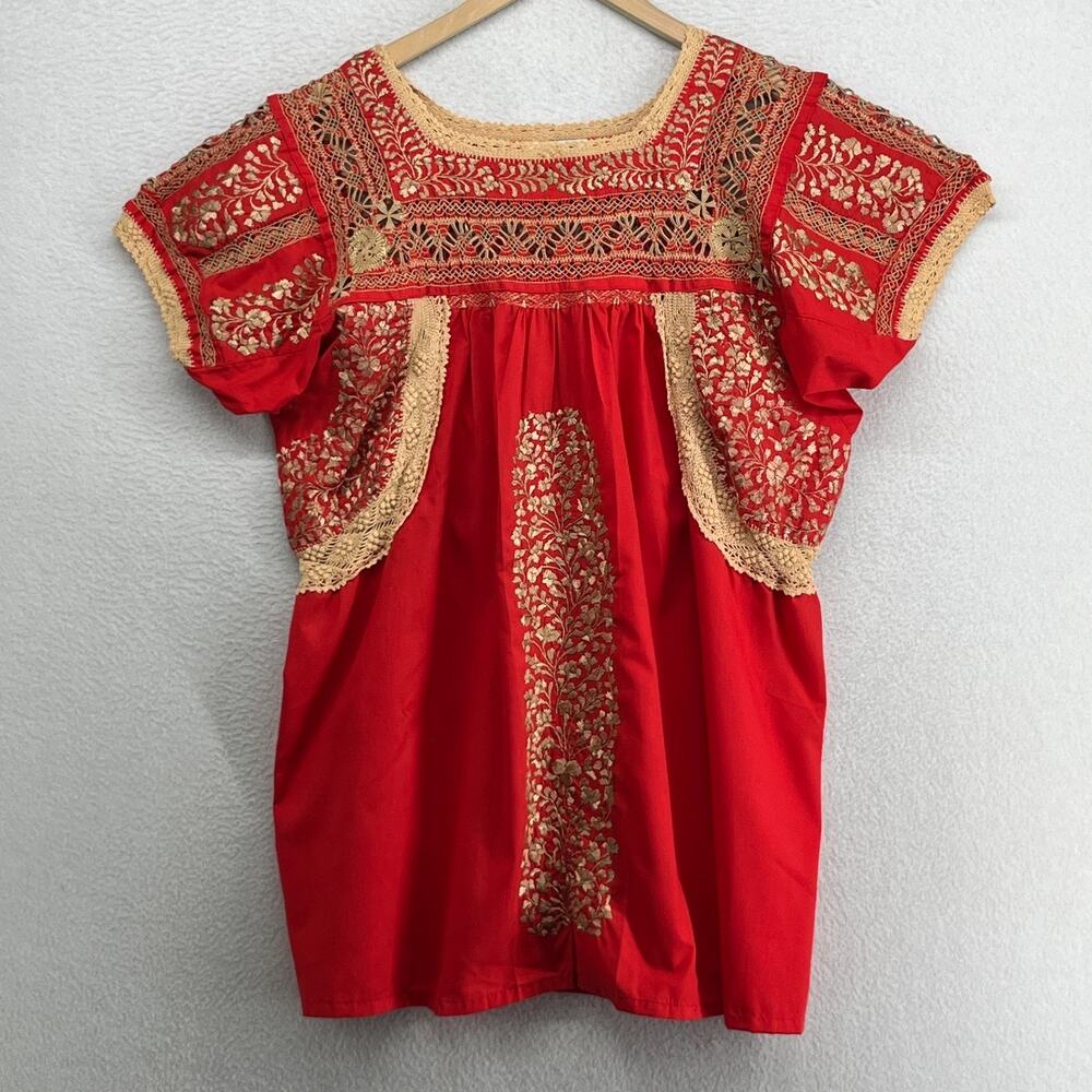 CHAR SANTA FE Top S Mexican Tunic Blouse Square Neck Lace Trim Short Sleeve Red